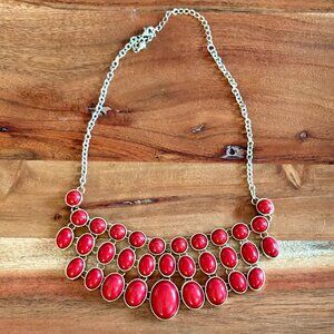 Red Statement Necklace – Silver Chain, Bold Stones, Vintage Style